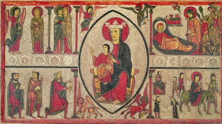 Altartafel aus der Kirche Santa Maria de Cardet, Vall de Boi, Spanien, Darstellung der Madonna und vier Szenen aus ihrem Leben, 1150-1200